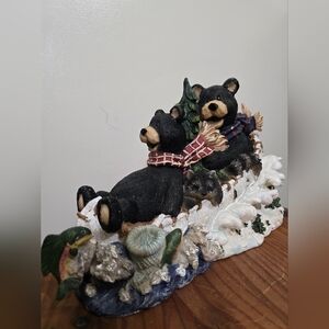 Charming Black Bears And Racoon In Canoe Figurine